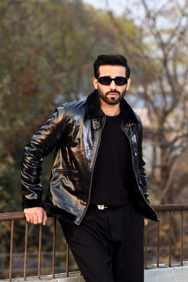 Buckled collar synthetic leather Jacket for Men