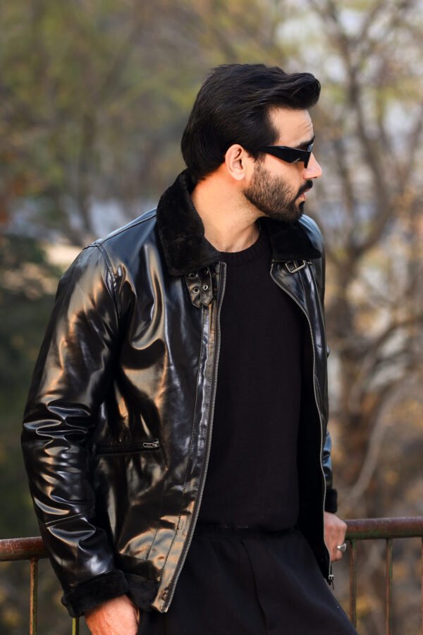 Buckled collar synthetic leather Jacket for Men