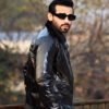 Buckled collar synthetic leather Jacket for Men