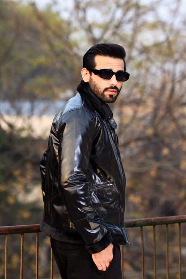 Buckled collar synthetic leather Jacket for Men