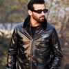 Buckled collar synthetic leather Jacket for Men