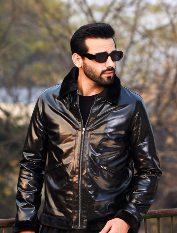 Buckled collar synthetic leather Jacket for Men