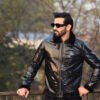 Buckled collar synthetic leather Jacket for Men