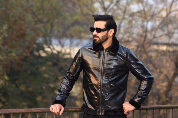 Buckled collar synthetic leather Jacket for Men