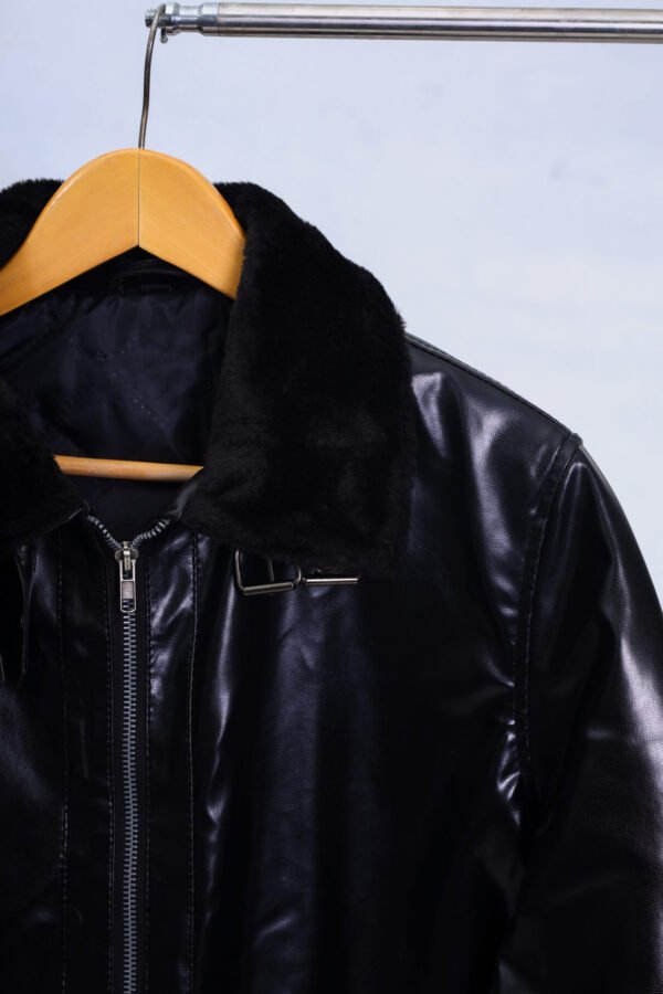 Buckled collar synthetic leather Jacket for Men