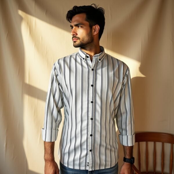 Cotton Silk Vertical Striped Pattern Shirt For Men